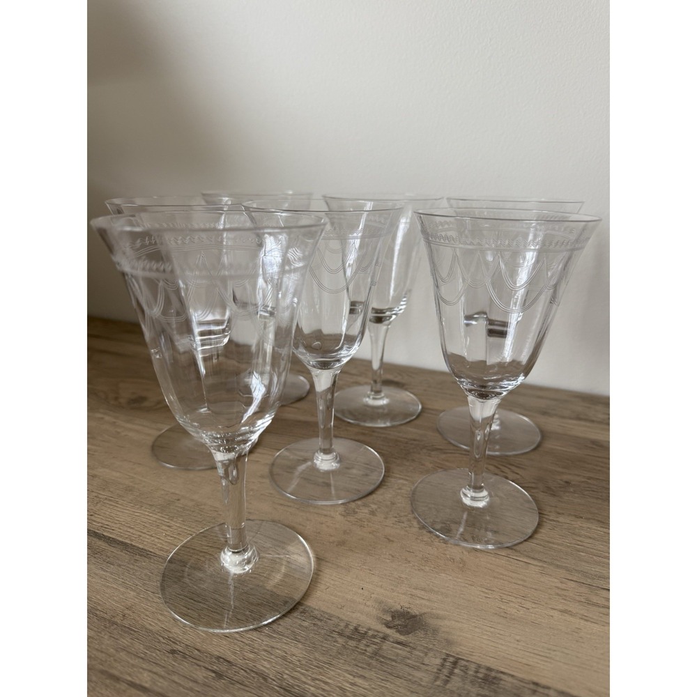 Set Of 7 Tiffin 14196-5 Optic Water Wine Glasses Vintage Etched Swag Design